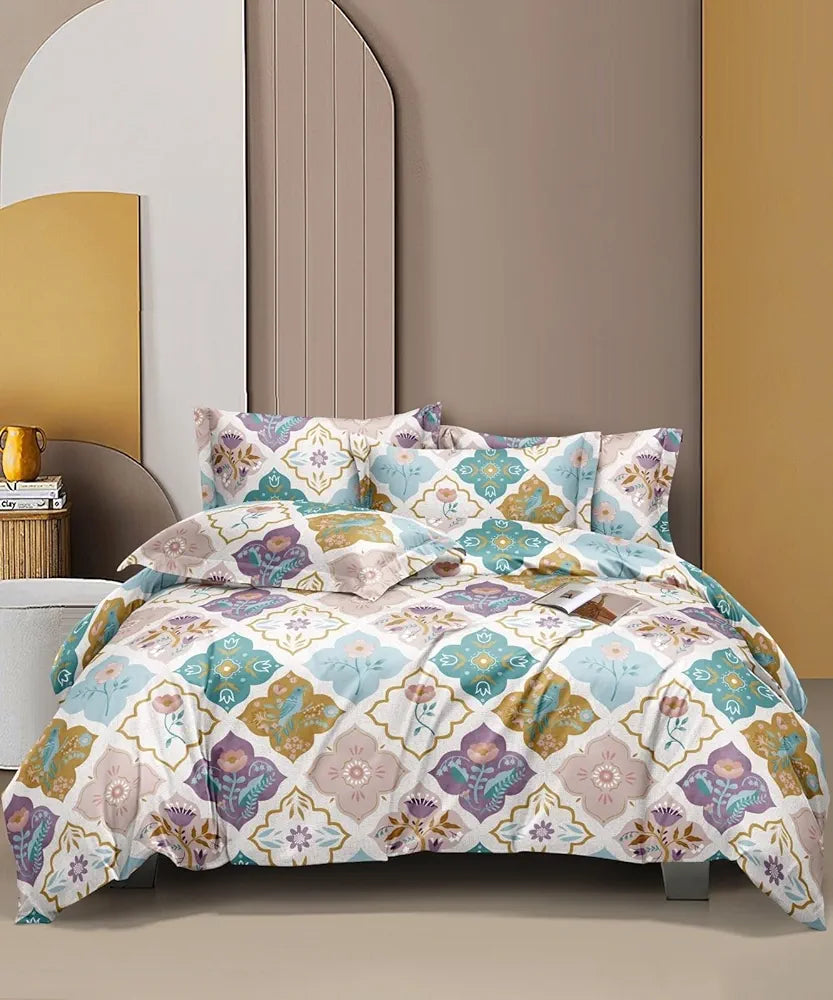 THE HOME STYLE Cotton Feel Glace Cotton Elastic Fitted Printed Double Bed King Size Bedsheet with 2 Pillow Cover